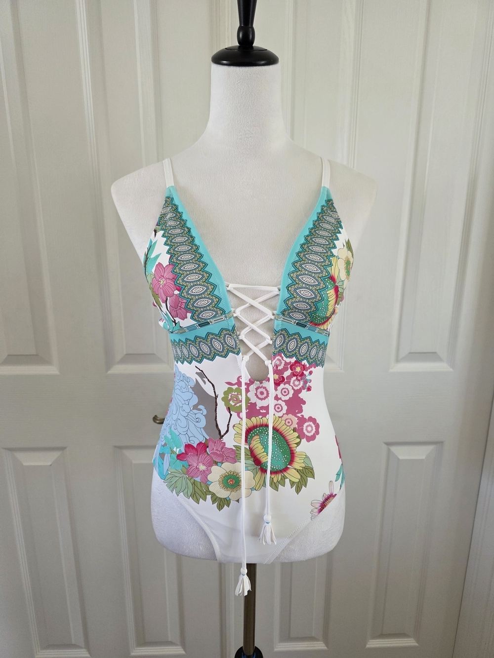 Johnny Was Cora Lace Up One Piece Swimsuit Blue Floral Print SZ S Boho Resort - Picture 2 of 14